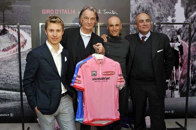Former Giro champion Damiano Cunego, designer Paul Smith, former Giro champion Stefano Garzelli and Gazzetta dello Sport's Andre Monti (L-R) with the 2013 Giro d'Italia jerseys.