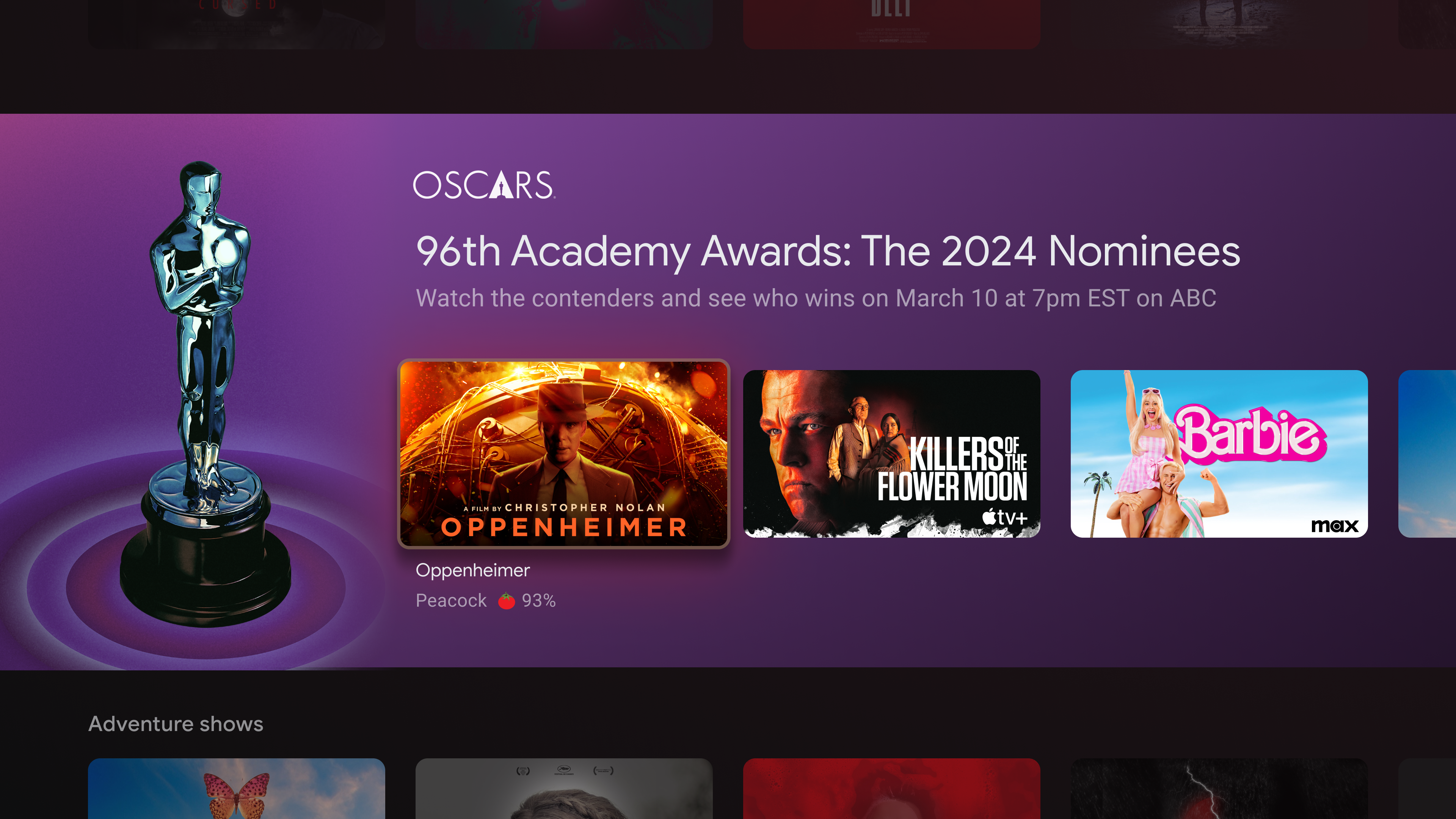 The Google TV screen with Oscar 2024 titles available to rent