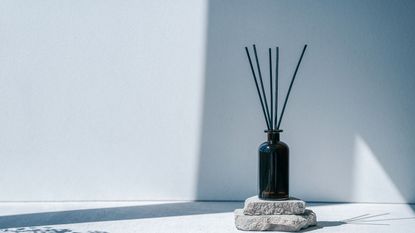 A black glass reed diffuser on two stones against a blue background