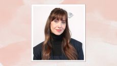 Alison Brie is pictured with letterbox-style bangs and long wavy hair at the Variety Sundance Studio Presented by Audible on January 26, 2025 in Park City, Utah/ in a pink watercolour paint-style template