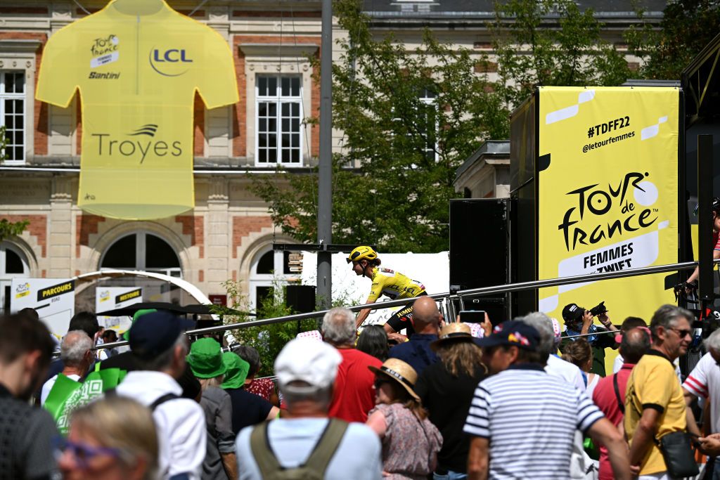 BARSURAUBE FRANCE JULY 27 Marianne Vos of Netherlands and Jumbo Visma Women Team Yellow Leader Jersey during the team presentation prior to the 1st Tour de France Femmes 2022 Stage 4 a 1268km stage from Troyes to BarSurAube TDFF UCIWWT on July 27 2022 in BarsurAube France Photo by Dario BelingheriGetty Images