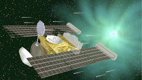 An illustration of the Stardust spacecraft as it chases the comet Wild 2