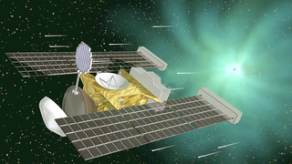 An illustration of the Stardust spacecraft as it chases the comet Wild 2