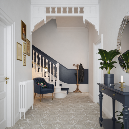 hallway with tiled flooring and side table