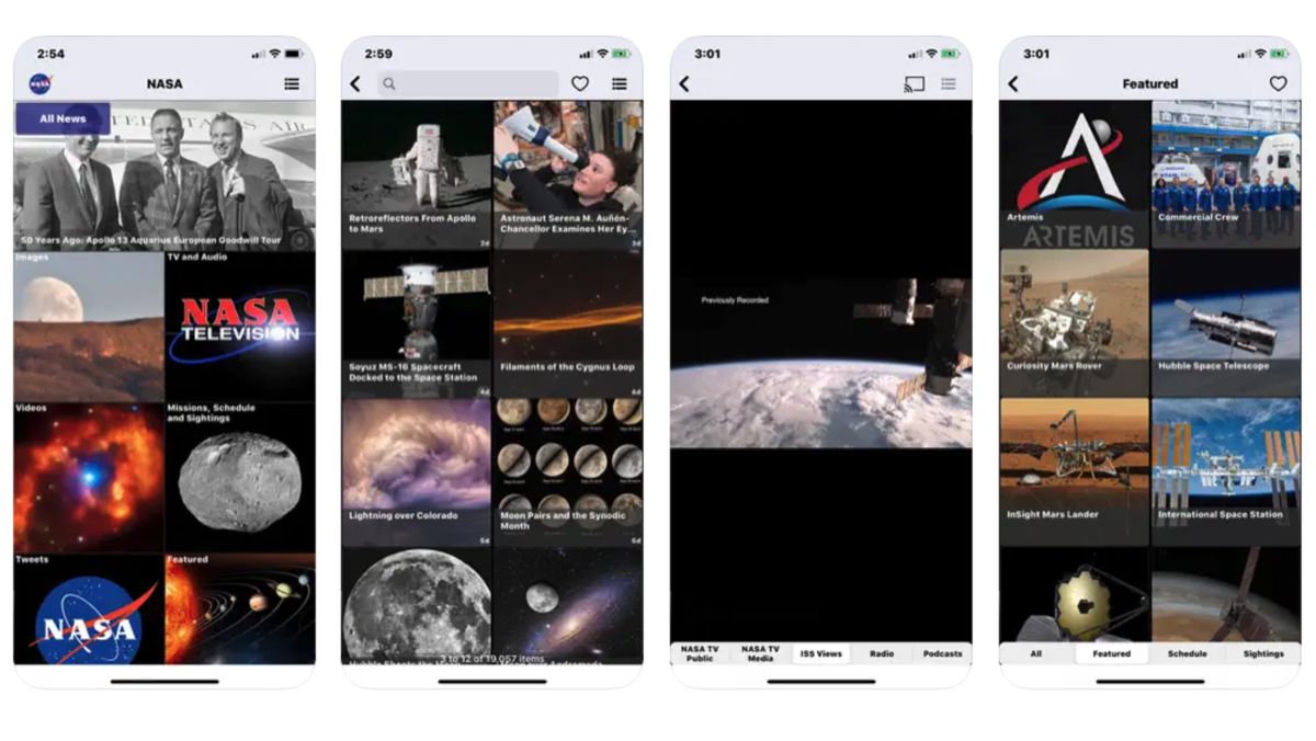 Screenshots of the official NASA app