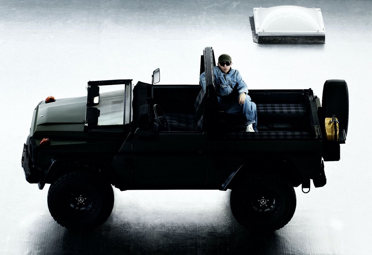 Nigo in the Mercedes-Benz G-Class G-Wagon created in collaboration with Moncler