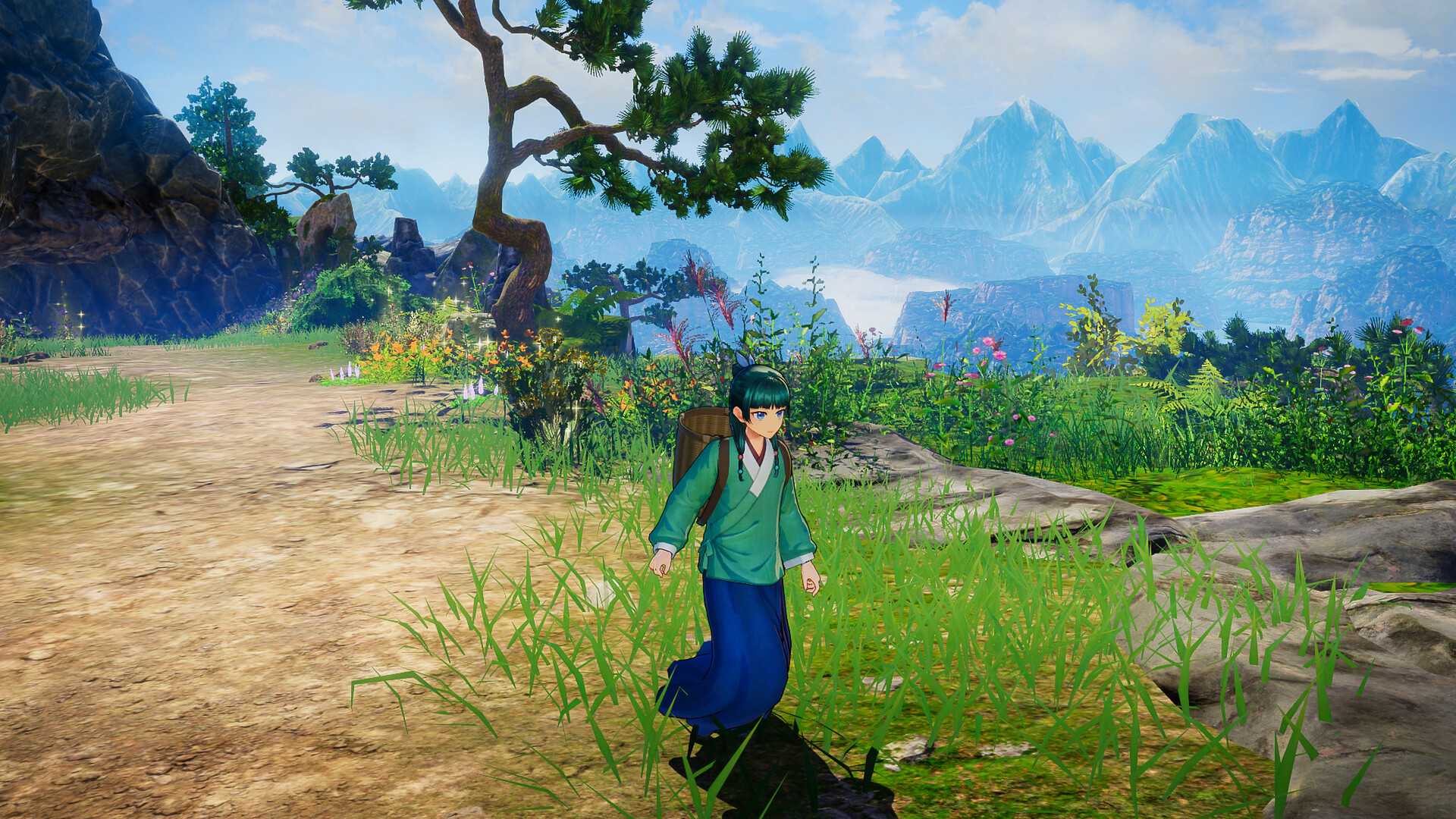 Protagonist Maomao ventures out in the verdant landscape with a basket on her back in The Apothecary Diaries: The False Imperial Brother game