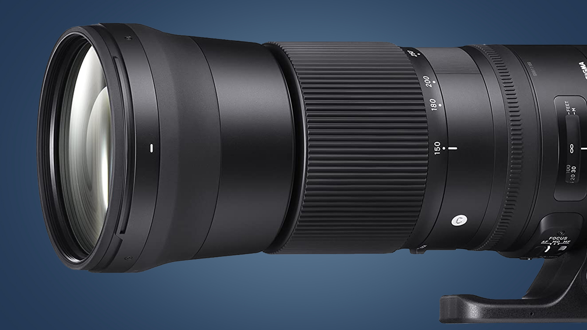 The Sigma 150-600mm f/5-6.3 DG OS HSM lens on a blue background