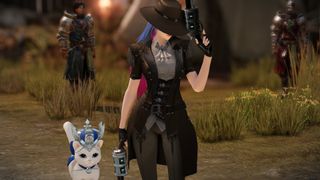 Lost Ark Gunslinger stands in the open with a cute cat by her side.