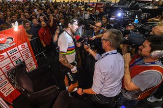 Bradley Wiggins speaks with the media at the Gent Six day