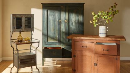 a vintage steel cabinet, wardrobe, and console from Rejuvenation