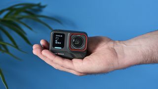 The Insta360 Ace Pro 2 against a blue background