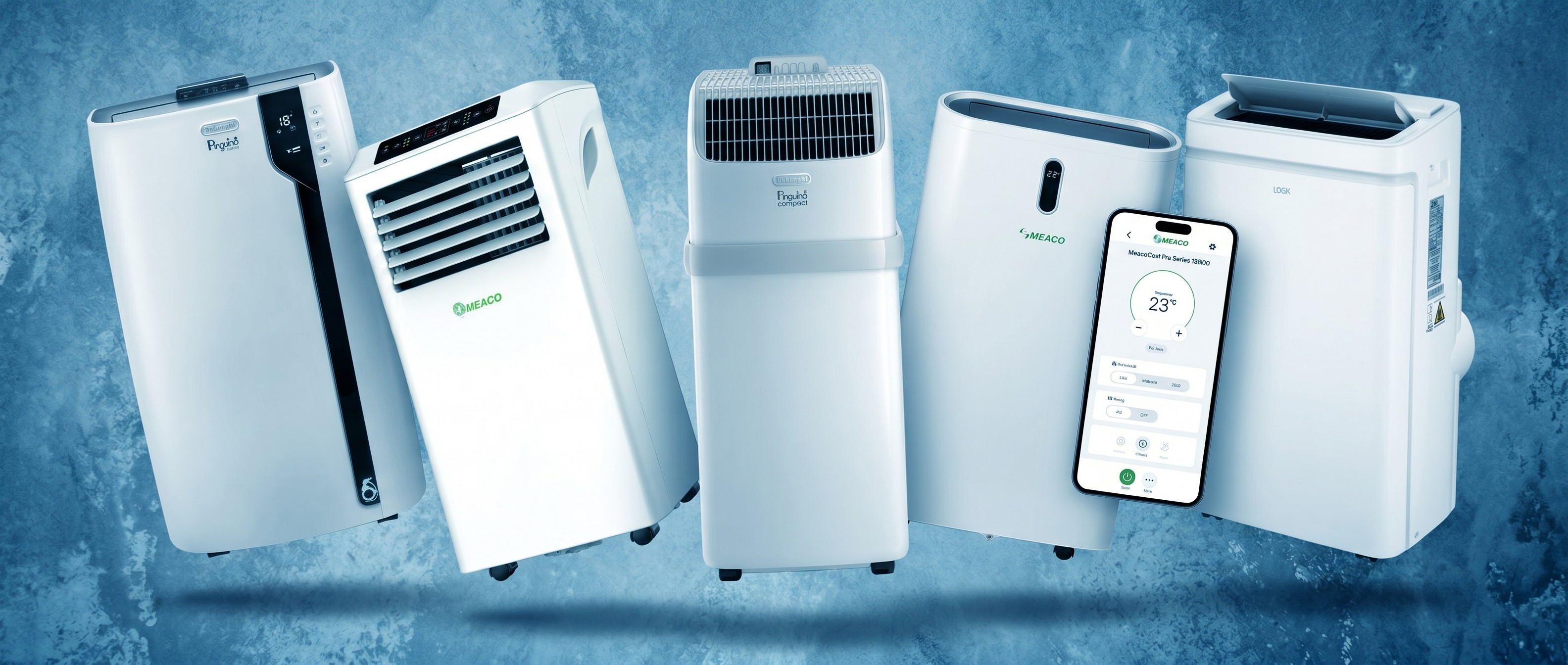 Selection of portable air con units against a frosty background