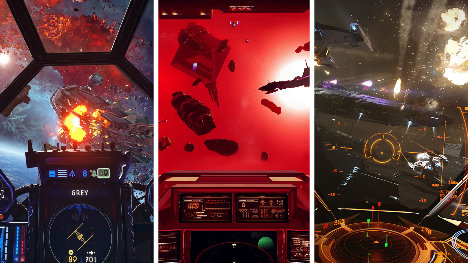 Split image showing three in-cockpit shots from space slight simulator games: Star Wars: Squadrons (Left), No Man&#039;s Sky (Middle), Elite Dangerous (Right).