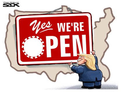 Political Cartoon U.S. Trump America Coronavirus open business sign