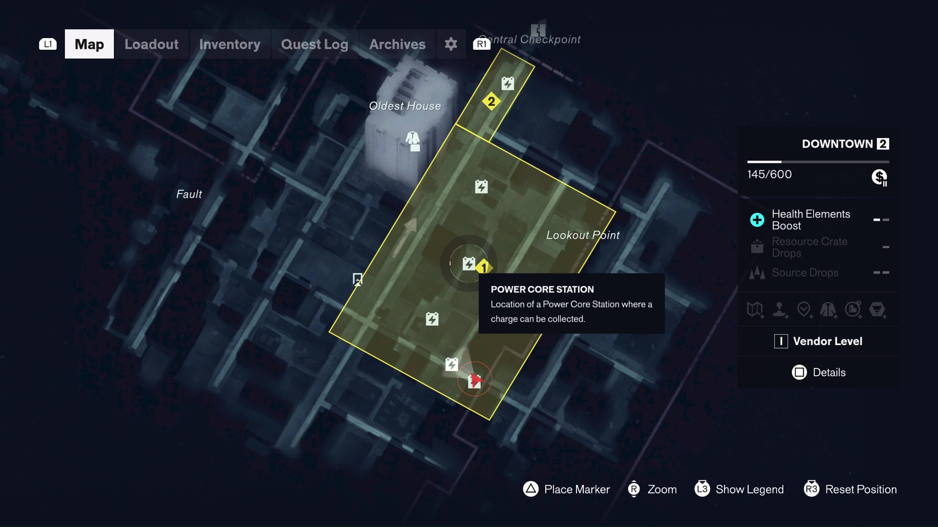 A map of Downtown Power Cores in Control Resonant lay out where to move the charge