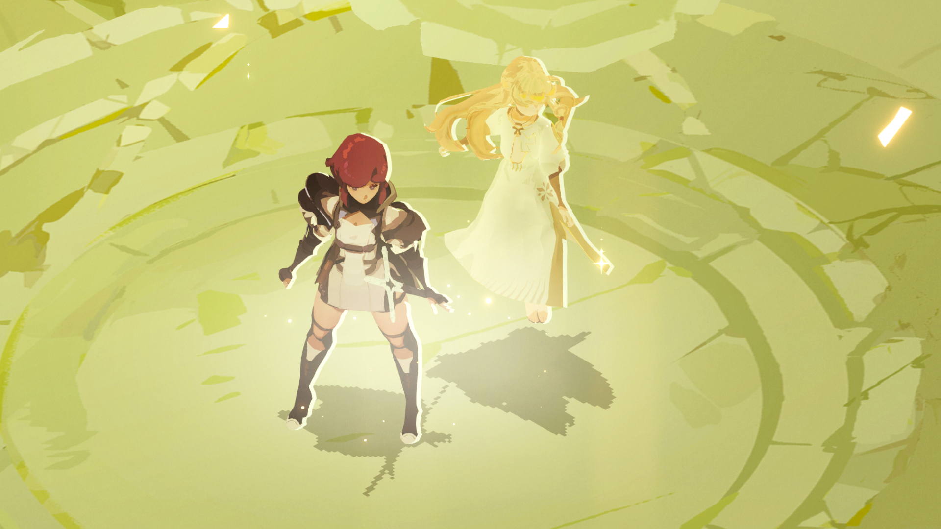 A screenshot of action RPG Lunarium. Two young women stand on a mossy stone platform: one an armored knight and the other a floating goddess in a white dress.