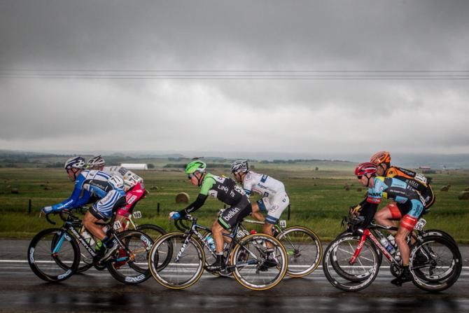 Rain and wet roads for the breakaway group.
