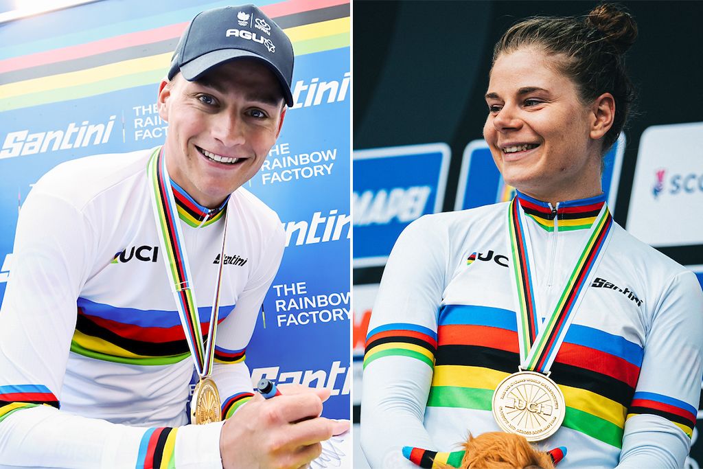 Mathieu van der Poel and Lotte Kopecky after claiming the men&#039;s elite and women&#039;s elite titles in the road race at the 2023 UCI World Championships