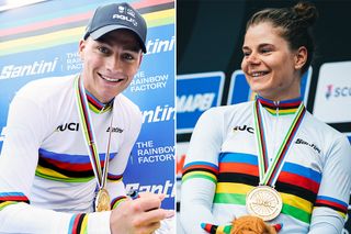 Mathieu van der Poel and Lotte Kopecky after claiming the men's elite and women's elite titles in the road race at the 2023 UCI World Championships