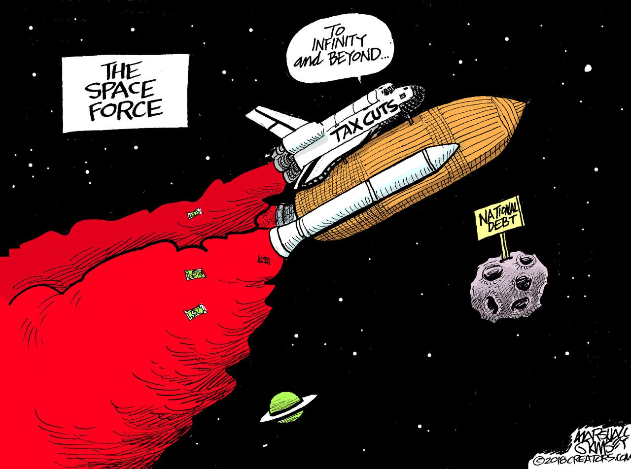 Political cartoon U.S. Space Force infinity and beyond tax cuts national debt Trump