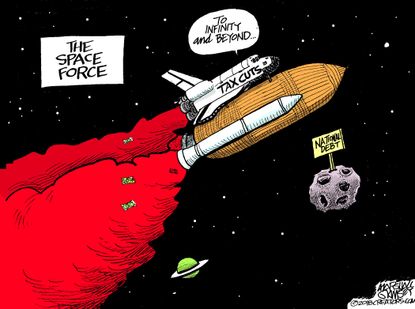 Political cartoon U.S. Space Force infinity and beyond tax cuts national debt Trump