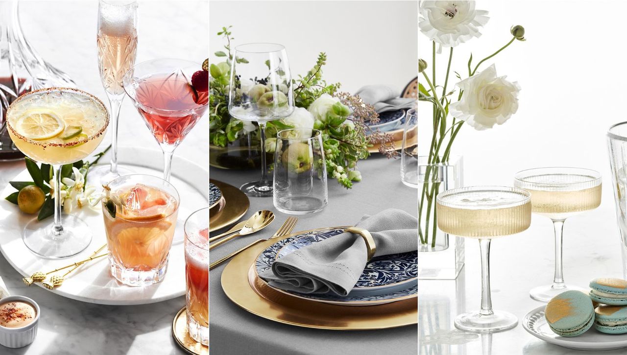 Three panel image featuring Williams Sonoma glassware