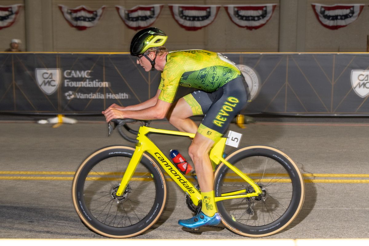 Gavin Hlady (Aevolo Cycling) on his way to victory in the U23 men&#039;s criterium at the USA Cycling Pro Road Championships 2024