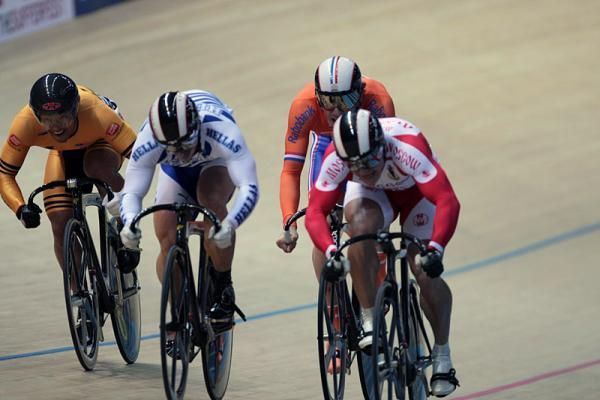 Christos Volikakis (Greece) en route to victory in the keirin final.