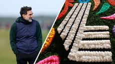 (left) Yasir Al-Rumayyan laughs with his hands in his pockets at the 2025 Alfred Dunhill Links Championship, and the LIV Golf logo (right)