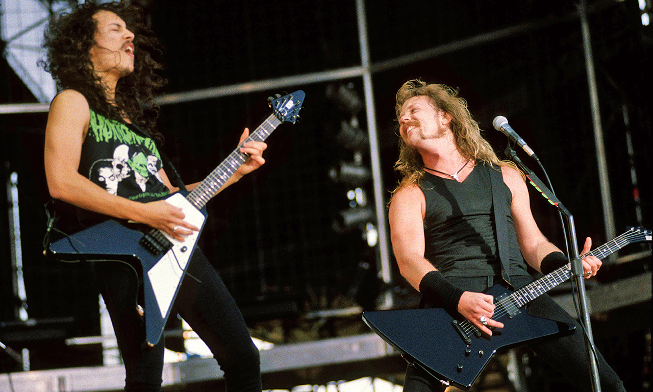 Metallica&amp;rsquo;s Kirk Hammett (playing Gibson Flying V guitar) and James Hetfield performing live in 1991