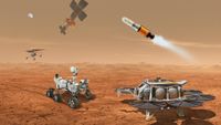 A rendering of multiple rovers, drones, sample caches, and spacecraft around the surface of Mars