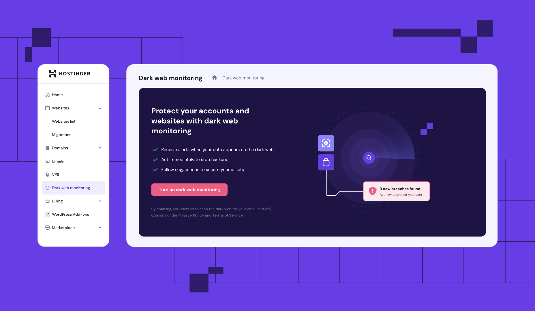 An image of Hostinger's dark web monitoring tool