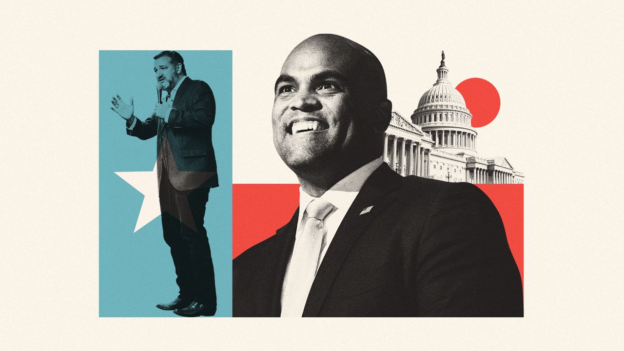 Illustration of Colin Allred, Ted Cruz, the Texas state flag and the DC Capitol building