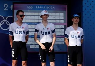 PARIS FRANCE AUGUST 03 Matteo Jorgenson Brandon Mcnulty Magnus Sheffield of Team The United States prior to the Mens Road Race on day eight of the Olympic Games Paris 2024 at trocadero on August 03 2024 in Paris France Photo by Tim de WaeleGetty Images