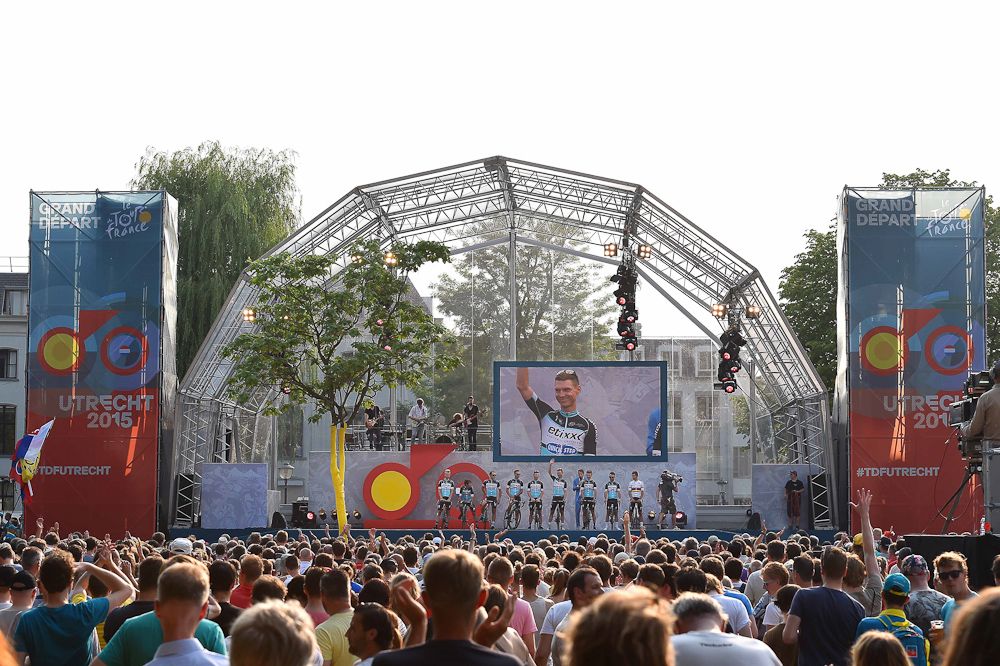 Tony Martin is seen on the big screen above the stage during the 2015 Tour de France team presentation in Utrecht