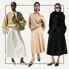 Collage of woman in white skirt, woman in beige skirt, woman in black skirt