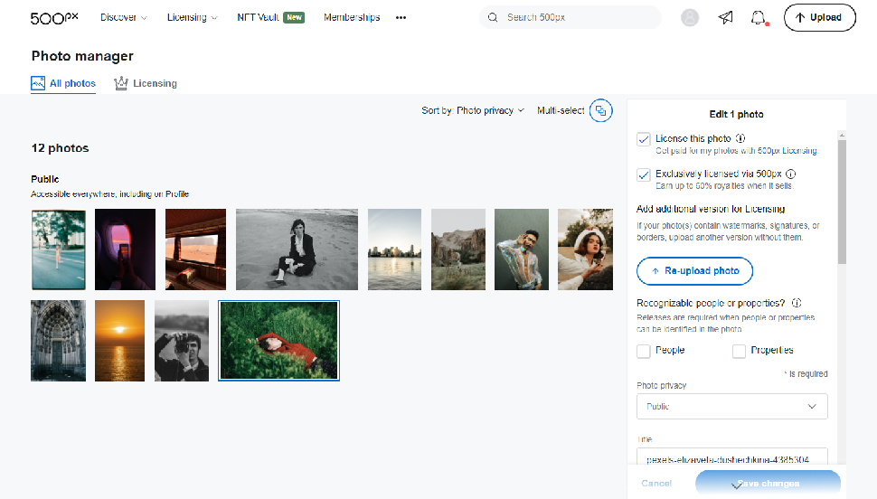 Screenshot of photo storage and sharing site 500px