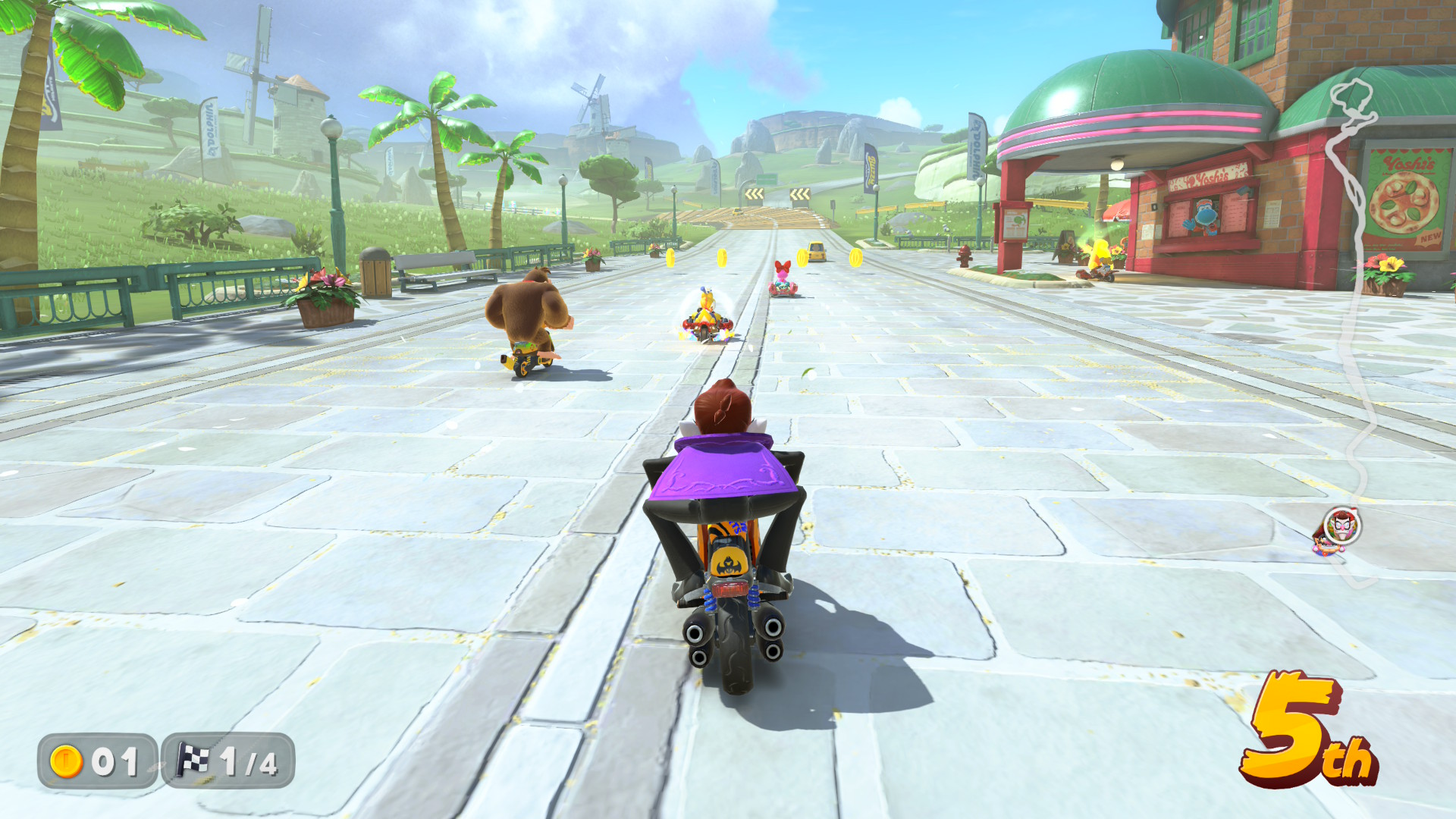 Waluigi drives along a straightaway in Mario Kart World