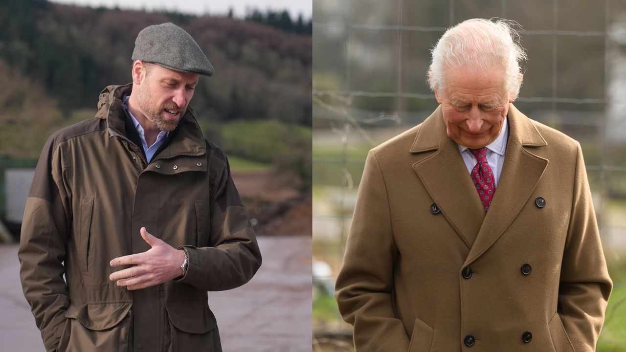 King Charles wearing a tan coat next to a photo of Prince William wearing a newsboy cap and coat 