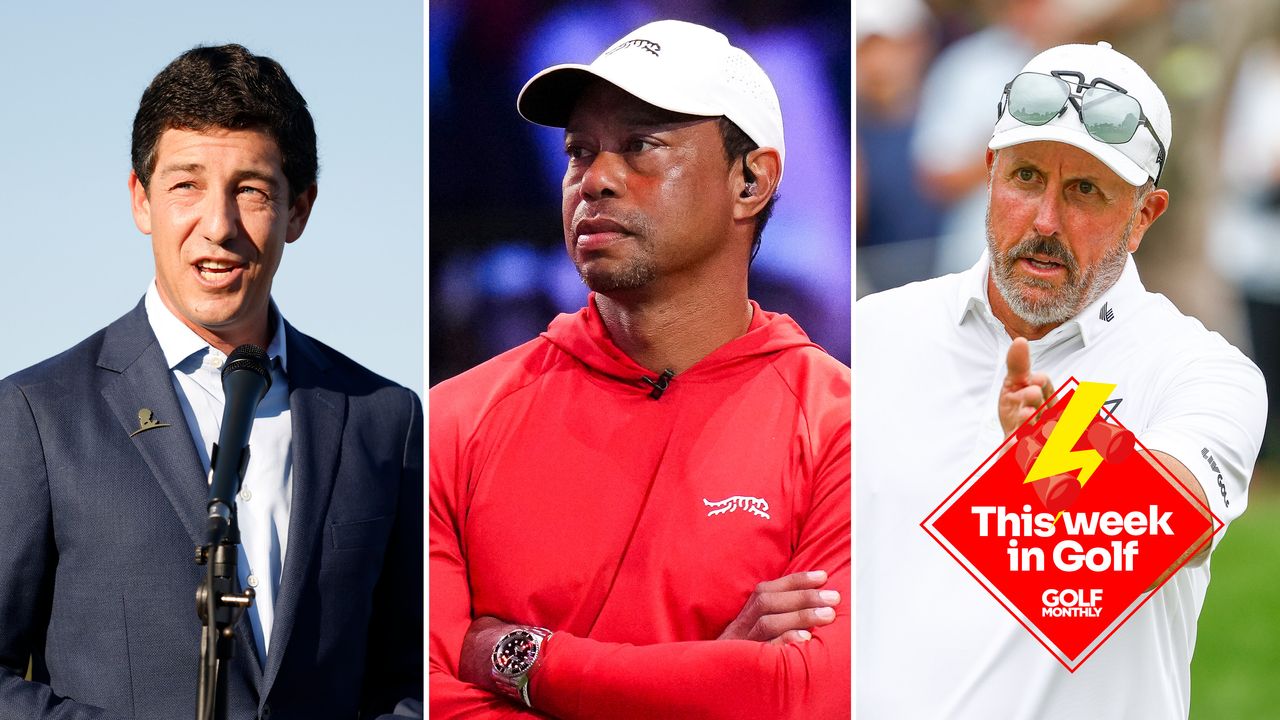 (L to R) Craig Kessler, Tiger Woods, Phil Mickelson