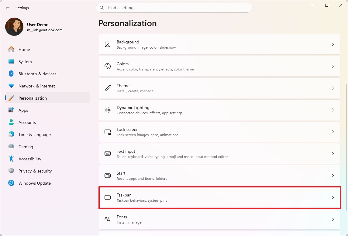 Windows 11 open Taskbar settings
