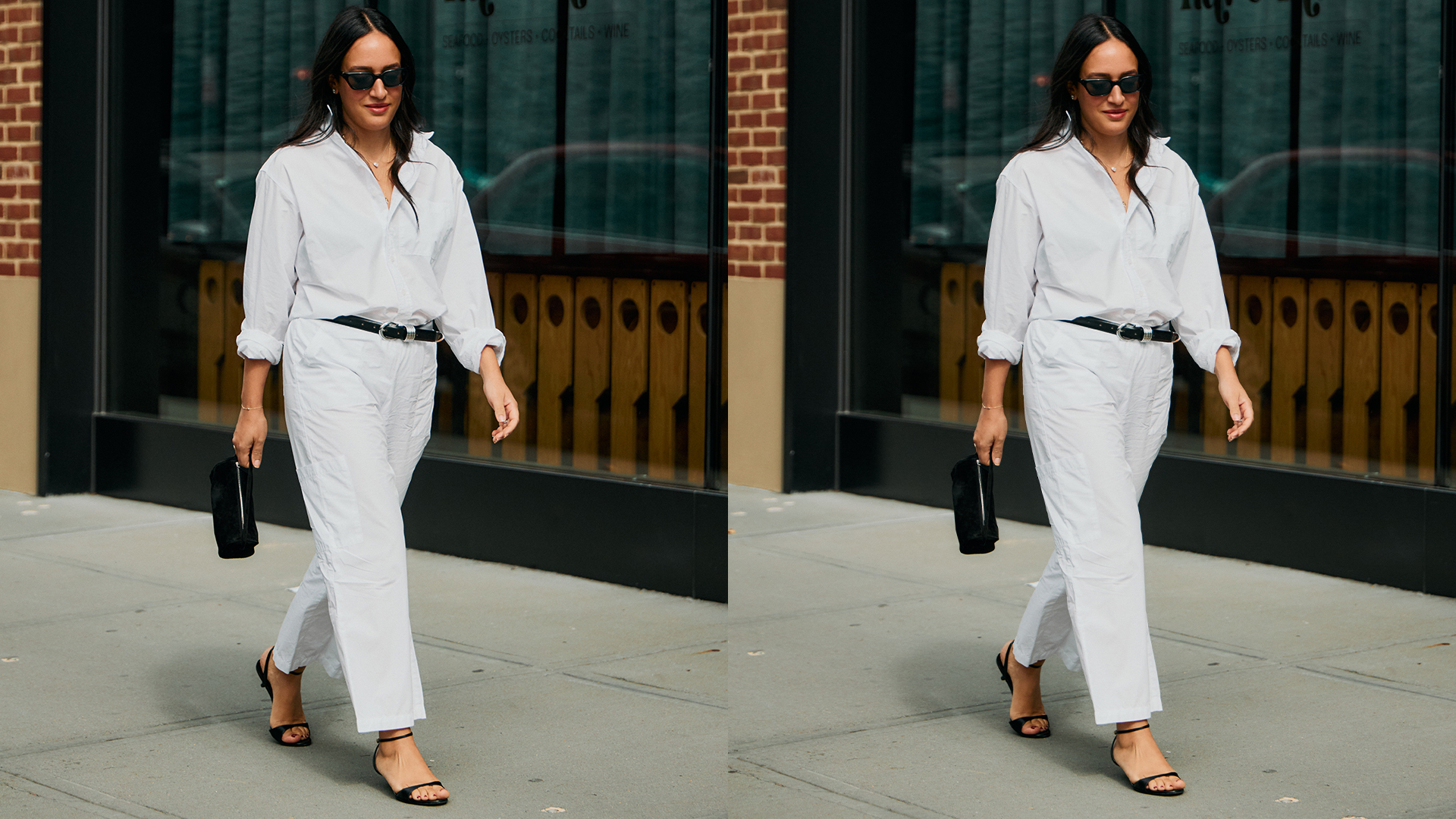 Nicole wears white button down and white pants with a black belt, shoes, and handbag. 