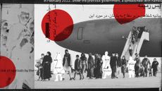 Photo composite illustration of Afghan refugees exiting a military transport plane and text from the Ministry of Defence press release on leaked information