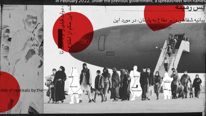 Photo composite illustration of Afghan refugees exiting a military transport plane and text from the Ministry of Defence press release on leaked information