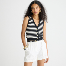 j.crew model wearing a black-and-white striped vest with white shorts