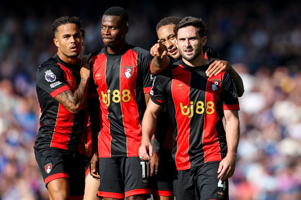 AFC Bournemouth squad for 2024/25 LIVERPOOL, ENGLAND - AUGUST 31: Lewis Cook of Bournemouth celebrates after scoring to make it 2-2 with team-mates Marcus Tavernier, Justin Kluivert, Dango Ouattara during the Premier League match between Everton FC and AFC Bournemouth at Goodison Park on August 31, 2024 in Liverpool, England. (Photo by Robin Jones - AFC Bournemouth/AFC Bournemouth via Getty Images)