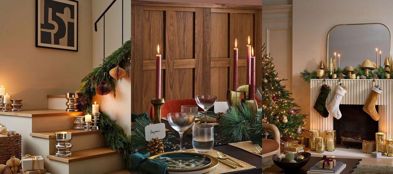 West Elm&#039;s Christmas collection. Decorated staircase, decorated dining table, decorated living room.