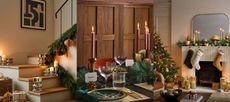 West Elm's Christmas collection. Decorated staircase, decorated dining table, decorated living room.