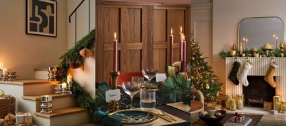 West Elm's Christmas collection. Decorated staircase, decorated dining table, decorated living room.